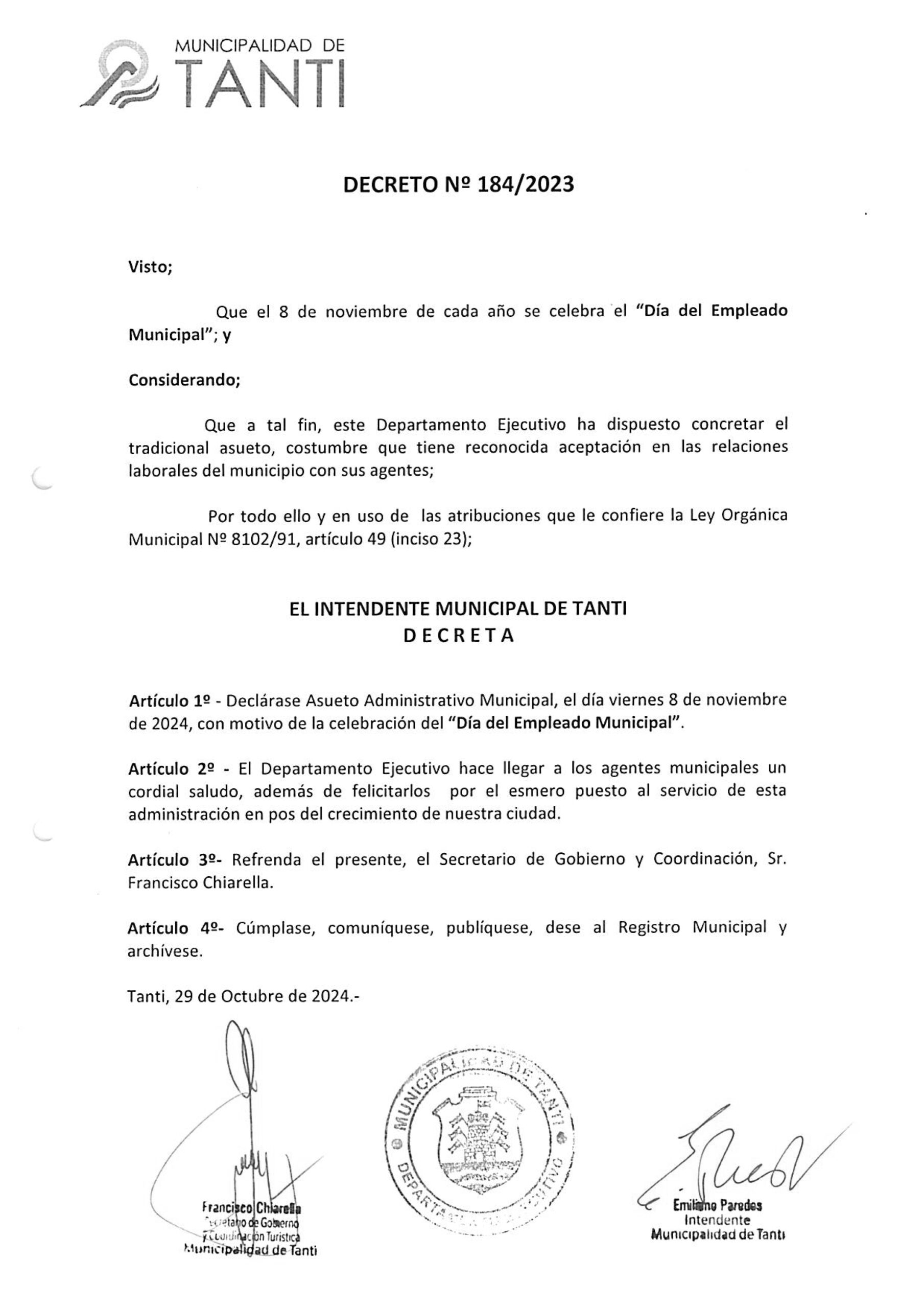 Decreto 184 - Asueto Administrativo por el Día del Empleado Municipal ...